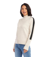 Load image into Gallery viewer, Stay warm and eco-conscious without sacrificing style in this sweater. Bold racing stripes on the arms add a contemporary and athletic edge, making you stand out from the crowd. Color - Oatmeal and black. Length: 24 1/2 inches (size M). Crew neckline. Long sleeves. Ribbed cuffs.