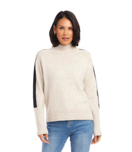 Load image into Gallery viewer, Stay warm and eco-conscious without sacrificing style in this sweater. Bold racing stripes on the arms add a contemporary and athletic edge, making you stand out from the crowd. Color - Oatmeal and black. Length: 24 1/2 inches (size M). Crew neckline. Long sleeves. Ribbed cuffs.