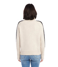 Load image into Gallery viewer, Stay warm and eco-conscious without sacrificing style in this sweater. Bold racing stripes on the arms add a contemporary and athletic edge, making you stand out from the crowd. Color - Oatmeal and black. Length: 24 1/2 inches (size M). Crew neckline. Long sleeves. Ribbed cuffs.