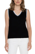 Load image into Gallery viewer, The Sherese Sleeveless V-Neck Sweater from Liverpool Los Angeles offers a luxurious black fabric with a comfortable and smooth texture. It includes a striking white ribbed accent for added style. For a trendy and coordinated look, pair it with the Oralia Open Front Contrast Trim Cardigan. Color- Black and white. Sleeveless sweater. V-neck. Contrasting rib trim. 12 Gauge Rib.