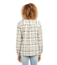 Load image into Gallery viewer, Elevate your everyday style with this classic plaid shirt. Crafted from a lightweight wool blend, it provides comfortable coverage for any occasion, whether you wear it as a top or layer it over other clothing for added warmth. Color- Black and white. Long sleeve. Collared button-up. Shirttail hem. Fabric-Plaid Boucle: 55% Cotton. 24% Polyester.17% Acrylic. 4% Other.