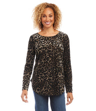 Load image into Gallery viewer, Velvet burnout in a charming leopard design lend both visual and textural interest to this knit top. It's finished with a stylish shirttail hem. With a touch of shimmer, this soft top is an easy way to dress up any look. Color- Black with brown. Long sleeve. Crew neck. Unique dye treatment used; color & design may vary. Fabric - Animal Velvet Burnout: 50% Polyester, 40% Nylon, 10% Spandex. Care-Hand wash cold. Do not bleach. Lay flat to dry. Dry clean if desired.