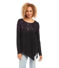 Load image into Gallery viewer, This jersey-knit top is soft to the touch and features a subtle shimmery star print in a vivid purple/magenta hue, lending a touch of charm to your casual weekend wear. Color- Black with purple/magenta stars. Long sleeve. Asymmetric hemline. Scoop neck. Fabric -Rayon Spandex Jersey: 92% Rayon. 8% Spandex.