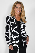 Load image into Gallery viewer, Get ready to elevate your style with this black and white, abstract chain print blazer. The tailored cut features contoured front and back seams for a sleek fit, while the subtle stretch fabric ensures both comfort and wearability. Plus, with an open front and statement pockets, this blazer is both fashionable and functional. Color- Black and white. Open front. Abstract chain print. Front pockets. Stretch fabric.