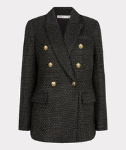 Load image into Gallery viewer, Elevate your style with the Brigida Boucle Blazer Long by EsQualo. The shimmering gold lurex and chic gold buttons add a touch of sophistication to this versatile piece, perfect for any wardrobe. Its classic boucle fabric provides both texture and warmth, while its long silhouette allows for effortless layering.