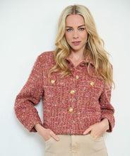 Load image into Gallery viewer, Discover a dazzling element in this eye-catching jacket, boasting captivating colors. Introducing the multicolor boucle blazer from EsQualo, featuring shimmering bronze lurex and various yarns, accented with classy gold buttons. Achieve effortless style with the versatile and chic blazer infused with a multicolor boucle fabric for a unique texture and visual appeal. The shorter silhouette makes it ideal for complementing a range of looks.