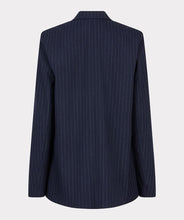 Load image into Gallery viewer, Navy pinstripe blazer against a light gray background.