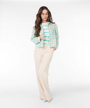 Load image into Gallery viewer, Our Bergette is a darling blazer featuring a blue and off-white plaid pattern with subtle gold detailing. Adorned with sparkling crystal buttons, this blazer is perfect for dressing up or down. The shorter design adds versatility, allowing it to be paired with a skirt or jeans.