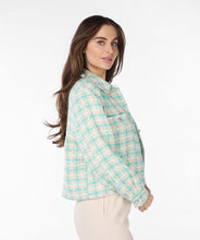 Load image into Gallery viewer, Our Bergette is a darling blazer featuring a blue and off-white plaid pattern with subtle gold detailing. Adorned with sparkling crystal buttons, this blazer is perfect for dressing up or down. The shorter design adds versatility, allowing it to be paired with a skirt or jeans.