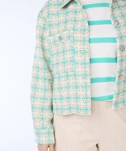 Load image into Gallery viewer, Our Bergette is a darling blazer featuring a blue and off-white plaid pattern with subtle gold detailing. Adorned with sparkling crystal buttons, this blazer is perfect for dressing up or down. The shorter design adds versatility, allowing it to be paired with a skirt or jeans.