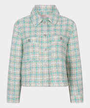 Load image into Gallery viewer, Our Bergette is a darling blazer featuring a blue and off-white plaid pattern with subtle gold detailing. Adorned with sparkling crystal buttons, this blazer is perfect for dressing up or down. The shorter design adds versatility, allowing it to be paired with a skirt or jeans.