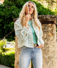 Load image into Gallery viewer, Our Bergette is a darling blazer featuring a blue and off-white plaid pattern with subtle gold detailing. Adorned with sparkling crystal buttons, this blazer is perfect for dressing up or down. The shorter design adds versatility, allowing it to be paired with a skirt or jeans.