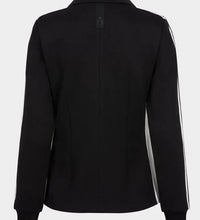 Load image into Gallery viewer, Black blazer with white stripes on sleeves against a white background.