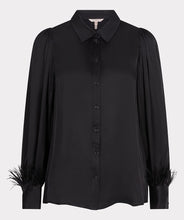 Load image into Gallery viewer, The Briet Blouse Basic Satin Feathers from EsQualo is a sophisticated and stylish top suitable for any event. Crafted with a timeless satin texture and featuring detachable feather cuffs, it can be dressed up for a party-ready look or worn as a versatile piece. Made with 100% viscose, it is both lightweight and comfortable for all-day wear.