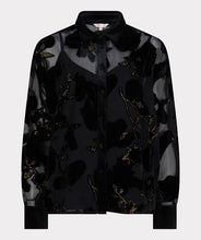 Load image into Gallery viewer, A sheer black blouse with black velour floral pattern and gold lurex threading against a white background.