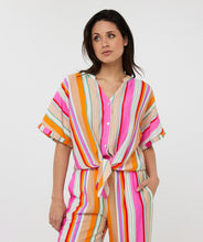 Load image into Gallery viewer, The EsQualo Birit Blouse Knot Striped is a stylish and versatile top designed for effortless elegance. It features a classic striped pattern, a flattering V-neckline, and a trendy front knot detail that adds a modern touch. Pairs effortlessly with jeans, shorts, skirts, or tailored trousers for a chic ensemble.