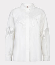 Load image into Gallery viewer, White blouse with lace detail in a wave pattern on a white background.