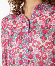Load image into Gallery viewer, Our Macy multi print blouse is a lovely combination of jade green and pink abstract floral patterns. Lovely and unique, you will stand out in a crowd when you wear this beauty. Easily pairs with denim and skirts and can be dressed up or worn casually. Style with our FALLON FLAIR JEAN IN JADE COLOR- ESQUALO for the perfect colorful look! Colors- Pinks and jade green. Button down. Abstract floral print. Lightweight, slightly sheer. Fabric-100% Viscose.