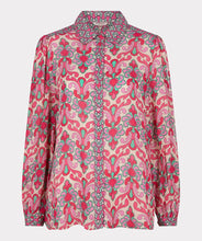 Load image into Gallery viewer, Our Macy multi print blouse is a lovely combination of jade green and pink abstract floral patterns. Lovely and unique, you will stand out in a crowd when you wear this beauty. Easily pairs with denim and skirts and can be dressed up or worn casually. Style with our FALLON FLAIR JEAN IN JADE COLOR- ESQUALO for the perfect colorful look! Colors- Pinks and jade green. Button down. Abstract floral print. Lightweight, slightly sheer. Fabric-100% Viscose.