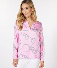 Load image into Gallery viewer, This perfect pink blouse in a satin feel with polo collar and "rope" print is striking in design. A beautiful top to dress up or wear casually, this blouse will definitely receive compliments. Color- Pink, white, black. Long sleeves. One button sleeve closure. Wide fit. Polo collar design. Rope print. Pullover. Satin feel.