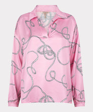Load image into Gallery viewer, This perfect pink blouse in a satin feel with polo collar and "rope" print is striking in design. A beautiful top to dress up or wear casually, this blouse will definitely receive compliments. Color- Pink, white, black. Long sleeves. One button sleeve closure. Wide fit. Polo collar design. Rope print. Pullover. Satin feel.
