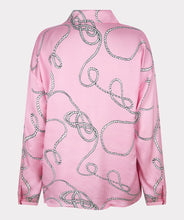 Load image into Gallery viewer, This perfect pink blouse in a satin feel with polo collar and "rope" print is striking in design. A beautiful top to dress up or wear casually, this blouse will definitely receive compliments. Color- Pink, white, black. Long sleeves. One button sleeve closure. Wide fit. Polo collar design. Rope print. Pullover. Satin feel.