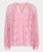 Load image into Gallery viewer, Eyelit pink blouse on a light gray background.