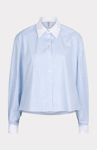 Load image into Gallery viewer, The Esqualo top is a refined blouse with a light blue-white stripe and sparkling rhinestone details. Featuring a classic collar and long sleeves, this style is perfect for both business and casual looks.