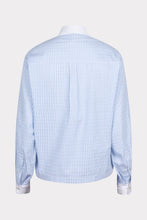 Load image into Gallery viewer, The Esqualo top is a refined blouse with a light blue-white stripe and sparkling rhinestone details. Featuring a classic collar and long sleeves, this style is perfect for both business and casual looks.