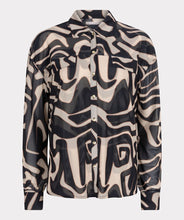 Load image into Gallery viewer, The exquisite Harmony print Blooma Blouse Mesh by EsQualo features faux pockets and gold buttons on the front, as well as a stunning abstract design in tan and black. With a double-layered construction to prevent transparency and button cuffs, this versatile top perfectly complements black pants, skirts, and jeans. Pair it with our Tanner Trousers Cargo City - EsQualo W2410709 for a chic and timeless look.
