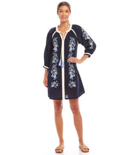 Load image into Gallery viewer, The Basilia Blouson Sleeve Embroidered Peasant Dress by Karen Kane is a beautifully crafted piece that blends boho-chic elegance with effortless comfort. Designed in a rich navy hue, this dress features intricate embroidery detailing and a tassel tie neckline, adding a charming touch to its relaxed silhouette. The blouson sleeves enhance its flowy appeal, making it perfect for seasonal transitions.