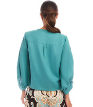 Load image into Gallery viewer, Stay cool and chic with the Bobbi Blouson Sleeve Linen Tie-Front Top in Aqua. Made from 100% lightweight linen, this top exudes effortless elegance. The airy blouson sleeves lend a graceful touch, while the tie-front detail allows for a flattering, adjustable fit. Its vibrant aqua color adds a refreshing and lively charm, making it a perfect choice for warmer days.