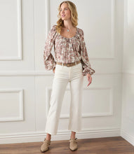 Load image into Gallery viewer, Bohemian style is enhanced in this crepe top, adorned with a stencil floral pattern. Voluminous blouson sleeves complete the look. Color- Pink and cream. Scoop neck. Floral print. 100% Viscose Fabric-100% Viscose. Care- Dry clean.
