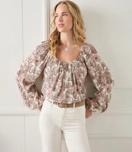 Load image into Gallery viewer, Bohemian style is enhanced in this crepe top, adorned with a stencil floral pattern. Voluminous blouson sleeves complete the look. Color- Pink and cream. Scoop neck. Floral print. 100% Viscose Fabric-100% Viscose. Care- Dry clean.
