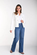 Load image into Gallery viewer, This blue wide leg jean is expertly crafted denim with precisely measured leg width for a classic and timeless look. Two front pockets and back elastic waistband top off this fabulous denim that can easily be dressed up or worn casually.