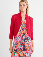 Load image into Gallery viewer, Woman wearing a red bolero cardigan over a colorful floral dress against a white background.