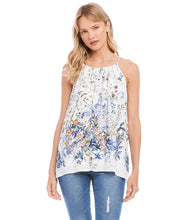 Load image into Gallery viewer, Brighten your wardrobe with the Karen Kane Bria Border Print Top. This sleeveless design, featuring a lovely floral print and shirred neckline, pairs elegance with comfort for any occasion. Crafted from lightweight, fluid crepe fabric, it’s perfect for layering or as a standalone piece.