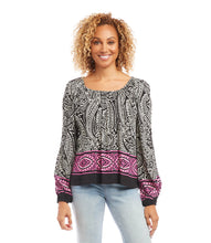 Load image into Gallery viewer, This modern top stands out with its striking black, pink and white paisley border print. Effortlessly stylish, it can be paired with tailored trousers or jeans for a timeless look. Color- Black, pink, white. Peasant sleeve. Scoop neck. Fabric- Paisley Panel Crepe: 100% Viscose. Care-Hand wash cold. Do not bleach. Hang to dry.