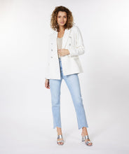 Load image into Gallery viewer, This amazing boucle blazer in white is absolutely stunning in person. Sophisticated and charming, our Willa blazer is a Chanel inspired design with decorative buttons that provide a rich look. Dress up or wear with denim, this blazer will elevate any look. Color- White. Boucle fabrication. Comfortable fit. Longer style. Silver buttons Front functional pockets.