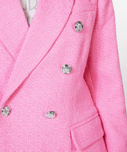 Load image into Gallery viewer, This amazing boucle blazer in pink is absolutely stunning in person. Sophisticated and charming, our Pandora blazer is a Chanel inspired design with decorative buttons that provide a rich look. Dress up or wear with denim, this blazer will elevate any look.