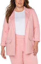 Load image into Gallery viewer, A classic piece, boyfriend blazers are always in style. Now, you can own a boyfriend blazer in a fabulous pastel pink color! Sleek and sophisticated, this gorgeous blazer is incredibly versatile as a part of a suit or matched with your favorite denim. Be prepared to receive compliments when you wear this beauty! Color - Pink perfection. Princess dart styling. Two front flap pockets. Sleek modern style and a relaxed fit. Fabric -54% Rayon. 35% Nylon. 11% Spandex.