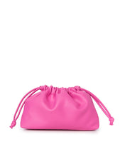 Load image into Gallery viewer, This stylish bucket bag is spacious, perfect for carrying all the essentials when you're on the go! It also features a removable and adjustable strap for easy carrying. Constructed from ultra-soft vegan leather, this bag is sure to have heads turning! Color- Fuchsia. Removable strap. Interior slit pocket. Vegan leather. Drawstring closure. Measurements--11.5’’ x 3’‘x 6’