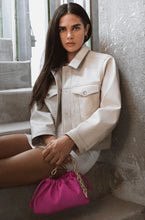 Load image into Gallery viewer, This stylish bucket bag is spacious, perfect for carrying all the essentials when you're on the go! It also features a removable and adjustable strap for easy carrying. Constructed from ultra-soft vegan leather, this bag is sure to have heads turning! Color- Fuchsia. Removable strap. Interior slit pocket. Vegan leather. Drawstring closure. Measurements--11.5’’ x 3’‘x 6’