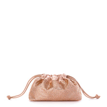 Load image into Gallery viewer, This spacious bag is perfect for carrying all of your essentials when you're on the go! Constructed with luxurious vegan leather, you can remove the chain for a chic, minimalistic clutch look. Effortlessly transition your look from day to night with this stylish bag. Color- Champagne. Drawstring closure. Crystals. Removable chain. Interior slit pocket. Vegan leather. PETA certified.