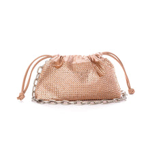 Load image into Gallery viewer, This spacious bag is perfect for carrying all of your essentials when you're on the go! Constructed with luxurious vegan leather, you can remove the chain for a chic, minimalistic clutch look. Effortlessly transition your look from day to night with this stylish bag. Color- Champagne. Drawstring closure. Crystals. Removable chain. Interior slit pocket. Vegan leather. PETA certified.