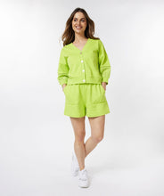 Load image into Gallery viewer, A brilliant lime color pops on this summery sweatshirt fabric cardigan by EsQualo. Add embroidery detailing on half the sleeve, and you have a fabulous and unique statement piece that will give you attention and compliments. Color -Lime. Button down. Sleeve embroidery. Sweatshirt fabrication.