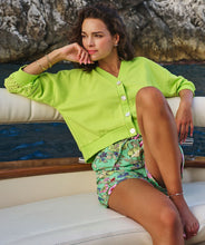Load image into Gallery viewer, A brilliant lime color pops on this summery sweatshirt fabric cardigan by EsQualo. Add embroidery detailing on half the sleeve, and you have a fabulous and unique statement piece that will give you attention and compliments. Color -Lime. Button down. Sleeve embroidery. Sweatshirt fabrication.