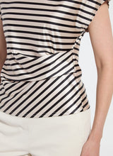 Load image into Gallery viewer, Crafted from luxurious Stretch Satin Jersey, the Bruna Side Draped Top Printed boasts drop shoulders and an asymmetrical waist drape, complemented by a chic nautical stripe pattern. This piece has a comfortable, 4-way stretch and is a designer favorite, making it a must-have addition to any wardrobe.