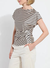 Load image into Gallery viewer, Crafted from luxurious Stretch Satin Jersey, the Bruna Side Draped Top Printed boasts drop shoulders and an asymmetrical waist drape, complemented by a chic nautical stripe pattern. This piece has a comfortable, 4-way stretch and is a designer favorite, making it a must-have addition to any wardrobe.