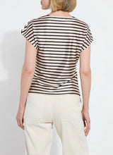 Load image into Gallery viewer, Crafted from luxurious Stretch Satin Jersey, the Bruna Side Draped Top Printed boasts drop shoulders and an asymmetrical waist drape, complemented by a chic nautical stripe pattern. This piece has a comfortable, 4-way stretch and is a designer favorite, making it a must-have addition to any wardrobe.